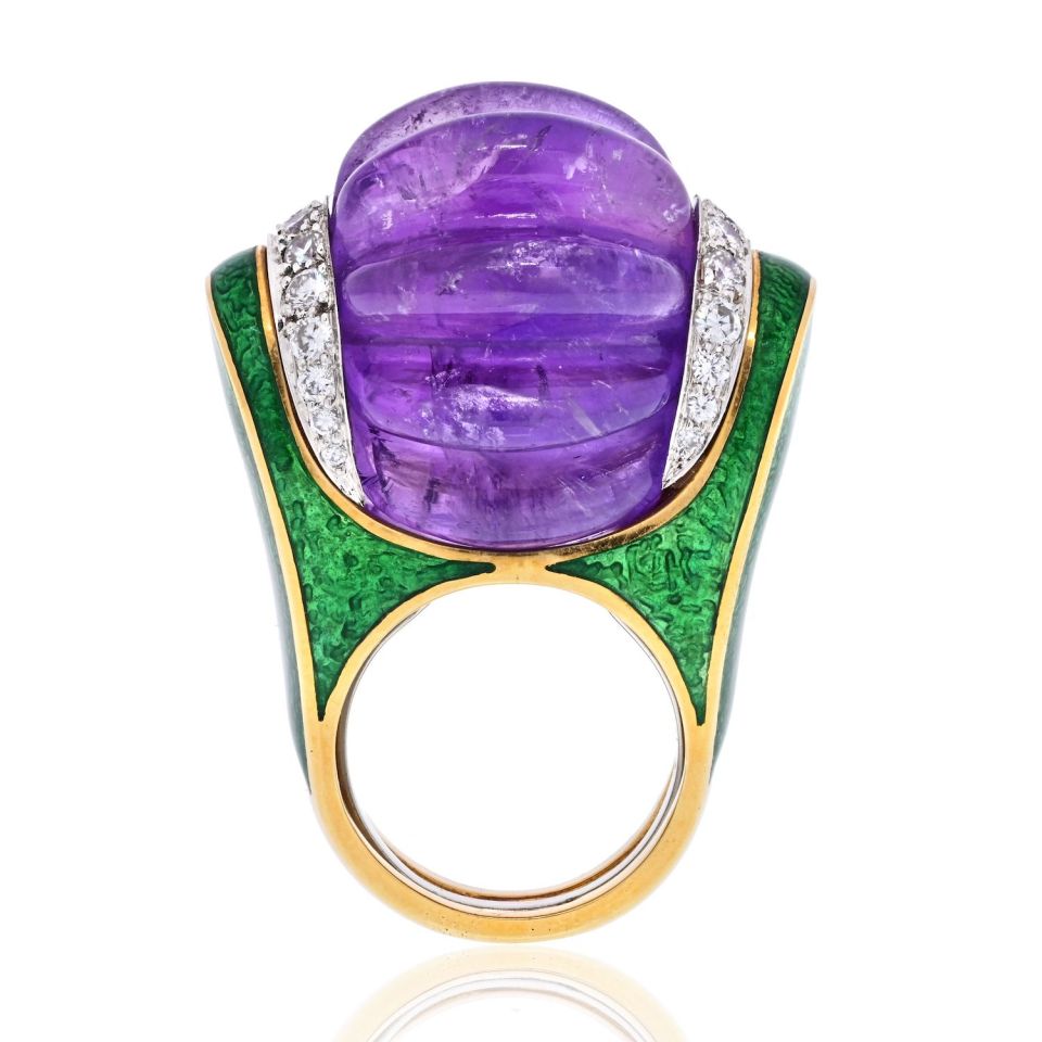 David Webb Platinum & 18K Yellow Gold Carved Smooth Purple Amethyst, Green Enamel And Diamond Ring