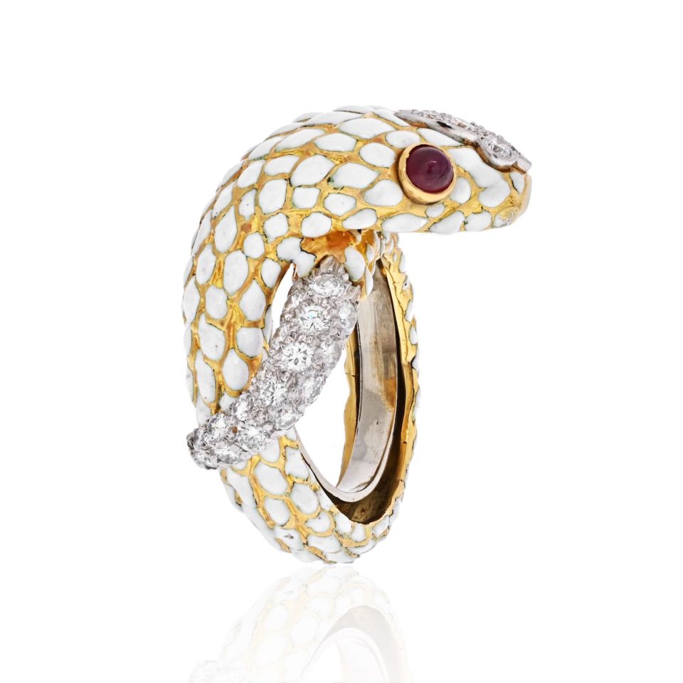 David Webb Platinum & 18K Yellow Gold White Enamel Coiled Snake Ring