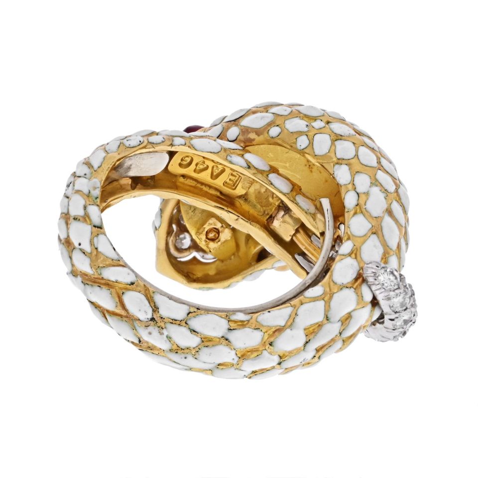 David Webb Platinum & 18K Yellow Gold White Enamel Coiled Snake Ring
