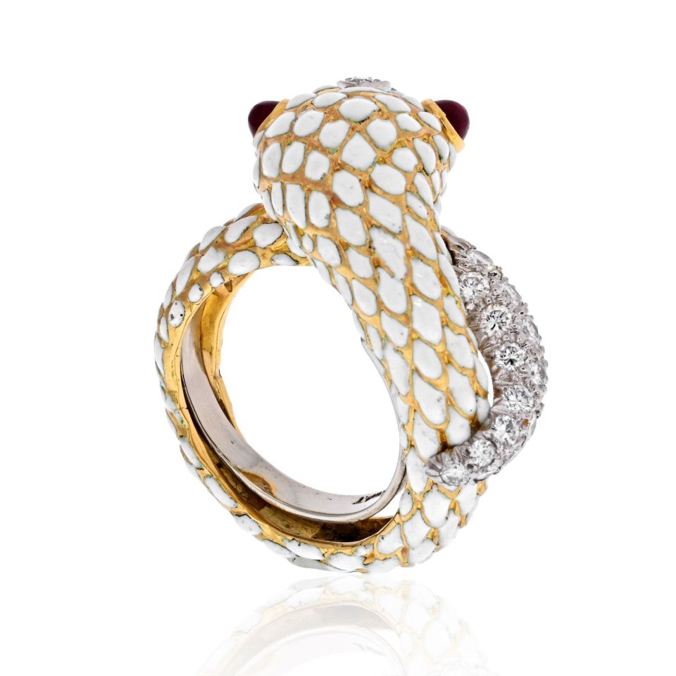David Webb Platinum & 18K Yellow Gold White Enamel Coiled Snake Ring