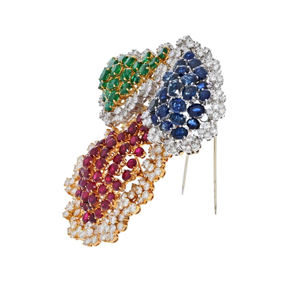 18K Two Tone Oversized Sapphire, Ruby, Emerald And Diamond Brooch