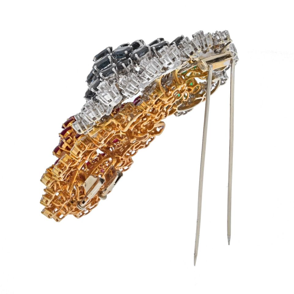 18K Two Tone Oversized Sapphire, Ruby, Emerald And Diamond Brooch