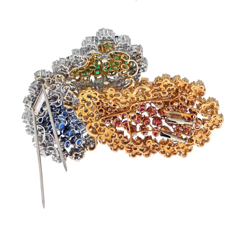 18K Two Tone Oversized Sapphire, Ruby, Emerald And Diamond Brooch