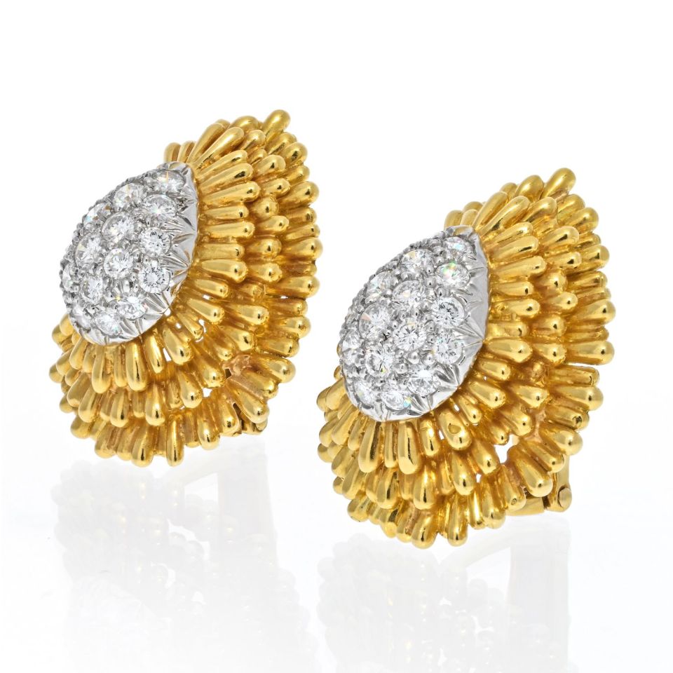 David Webb Platinum & 18K Yellow Gold Diamond Clip Earrings
