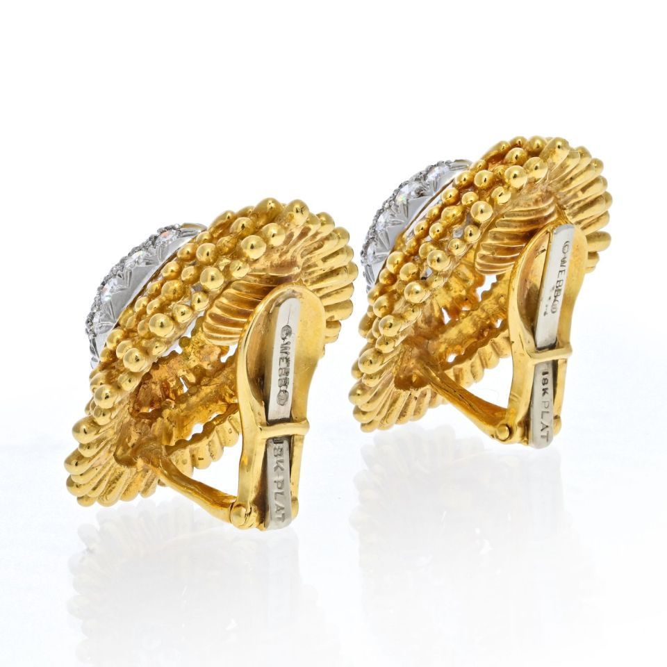 David Webb Platinum & 18K Yellow Gold Diamond Clip Earrings
