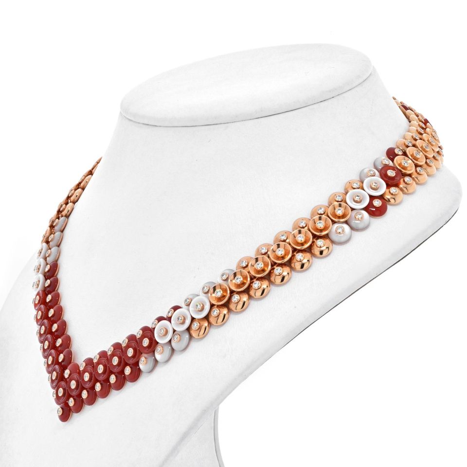 Van Cleef & Arpels 18K Rose Gold BOUTON D'OR CARNELIAN, DIAMOND & MOTHER OF PERAL Necklace