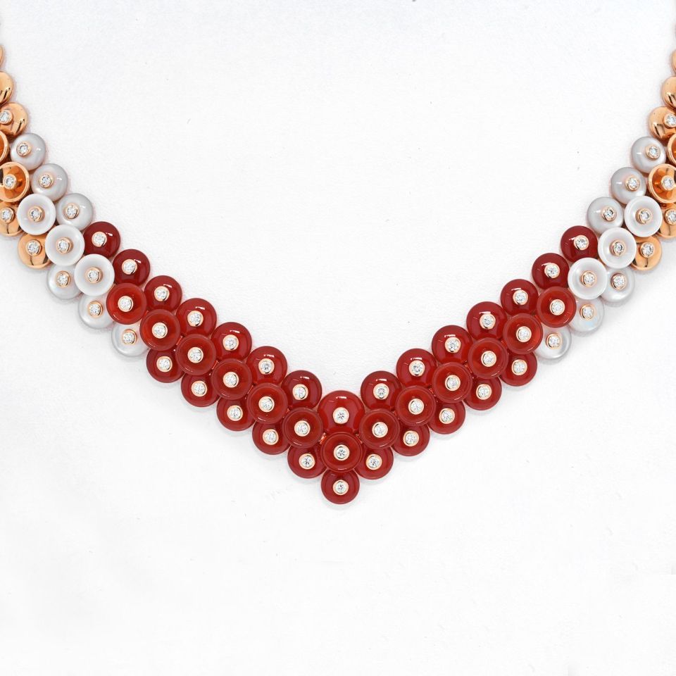 Van Cleef & Arpels 18K Rose Gold BOUTON D'OR CARNELIAN, DIAMOND & MOTHER OF PERAL Necklace