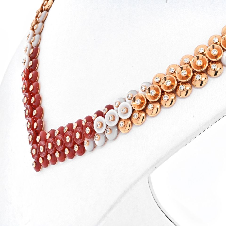 Van Cleef & Arpels 18K Rose Gold BOUTON D'OR CARNELIAN, DIAMOND & MOTHER OF PERAL Necklace