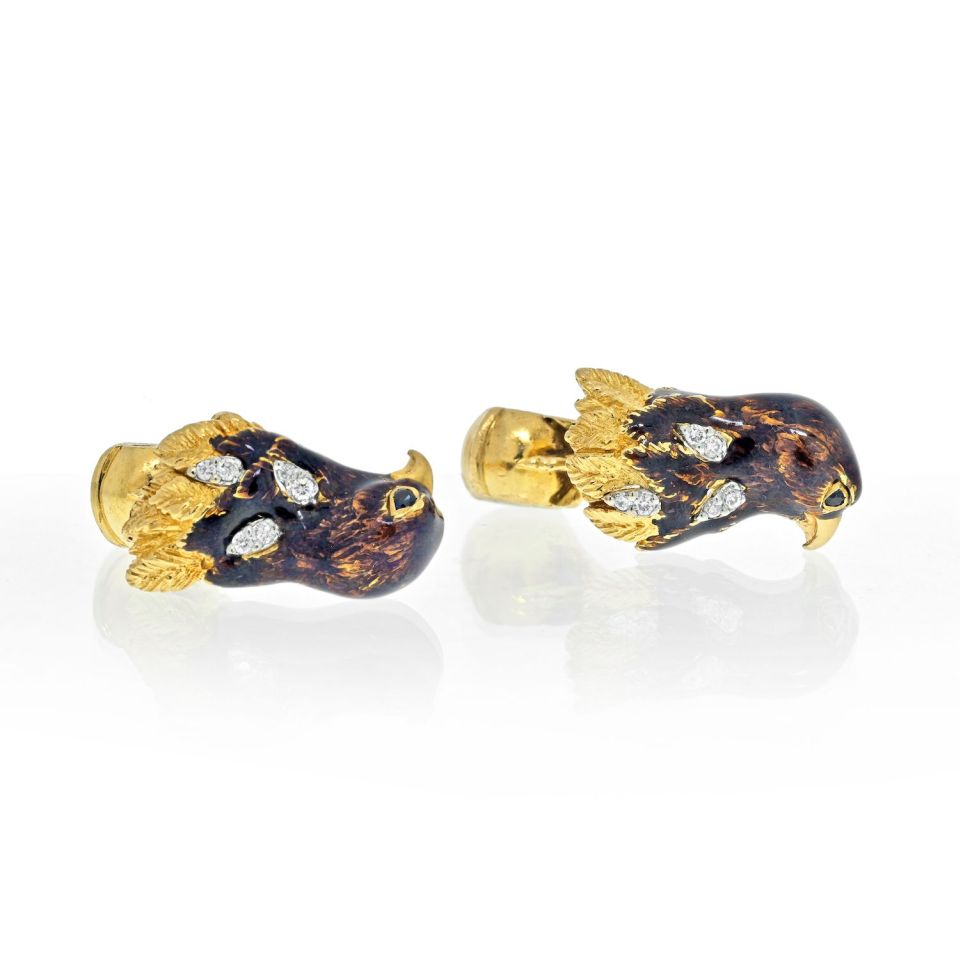Tiffany & Co. 18K Yellow Gold Falcon Eagle Bird Enameled Cuff Links