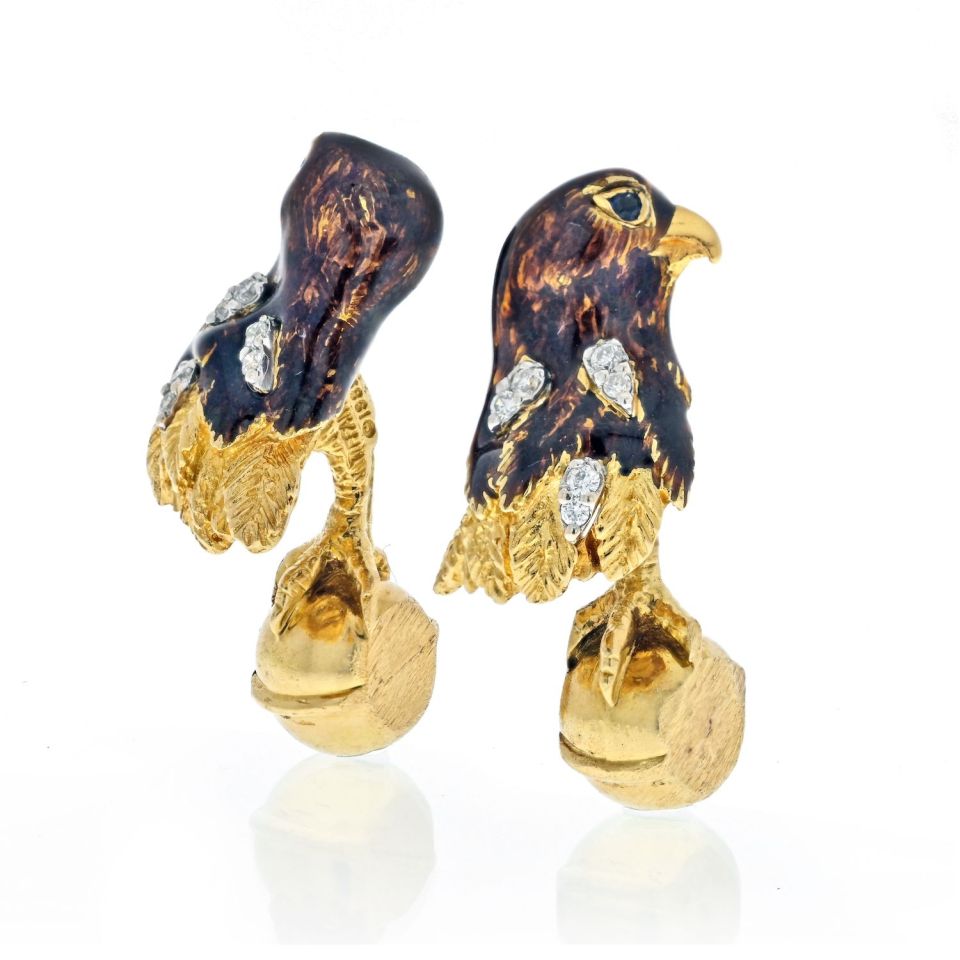Tiffany & Co. 18K Yellow Gold Falcon Eagle Bird Enameled Cuff Links