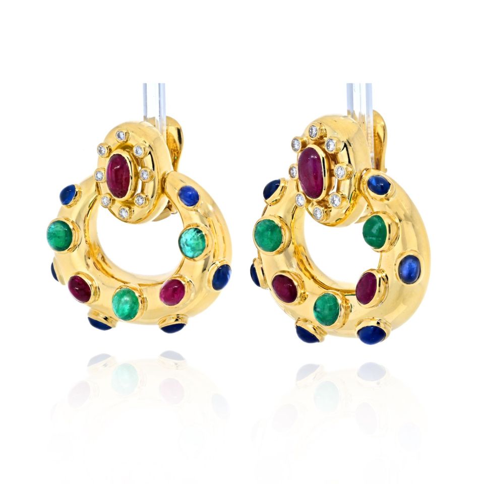 David Webb 18K White Gold Ruby, Emerald And Sapphire Door Knockers Earrings