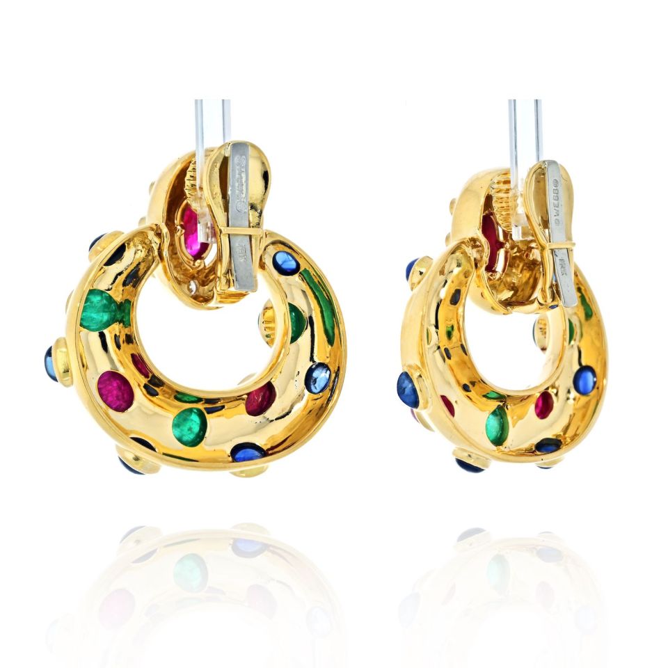 David Webb 18K White Gold Ruby, Emerald And Sapphire Door Knockers Earrings