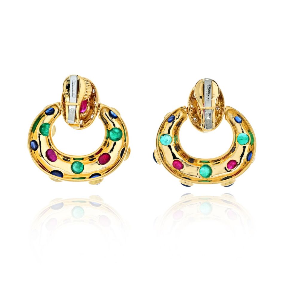 David Webb 18K White Gold Ruby, Emerald And Sapphire Door Knockers Earrings
