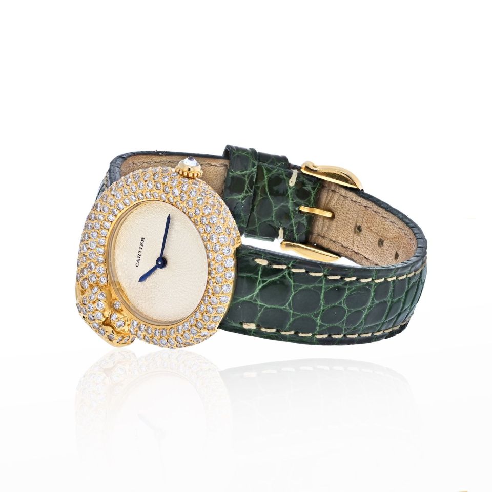 Cartier 18K Yellow Gold Diamond Panthere 1925 Leather Bracelet Ladies Watch