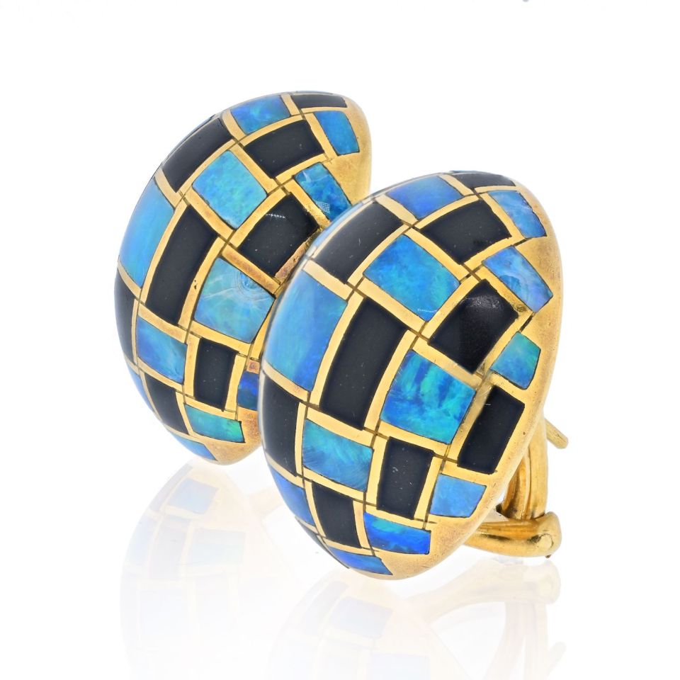 Tiffany & Co. 18K Yellow Gold Black Jade And Opal Earrings