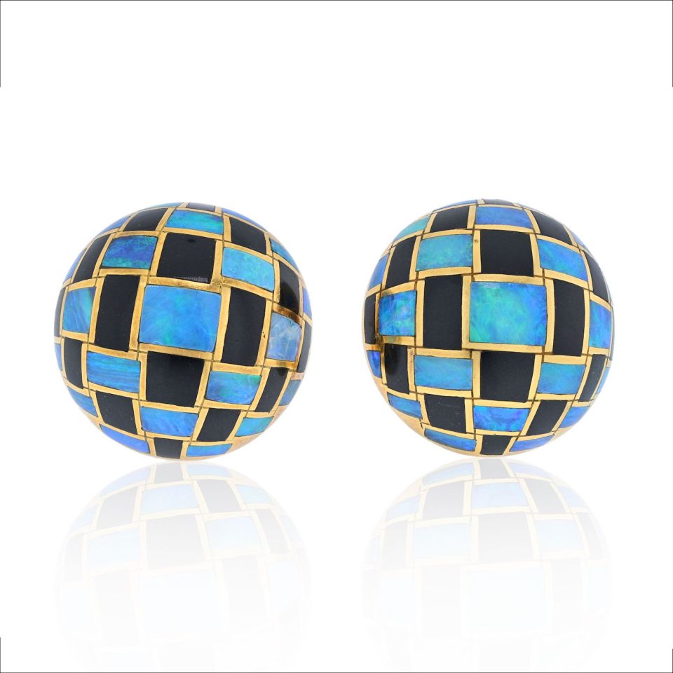 Tiffany & Co. 18K Yellow Gold Black Jade And Opal Earrings