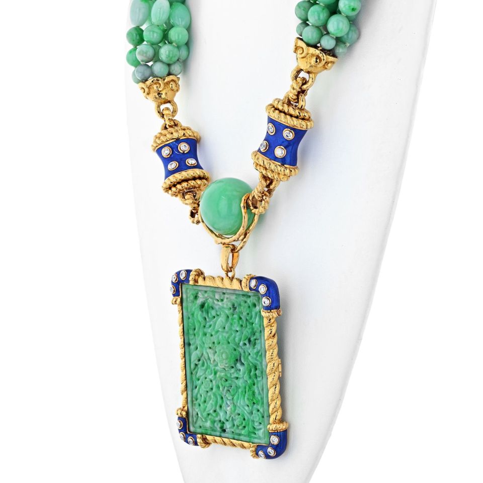 David Webb Platinum & 18K Yellow Gold Jade, Diamond, Blue Enamel Necklace