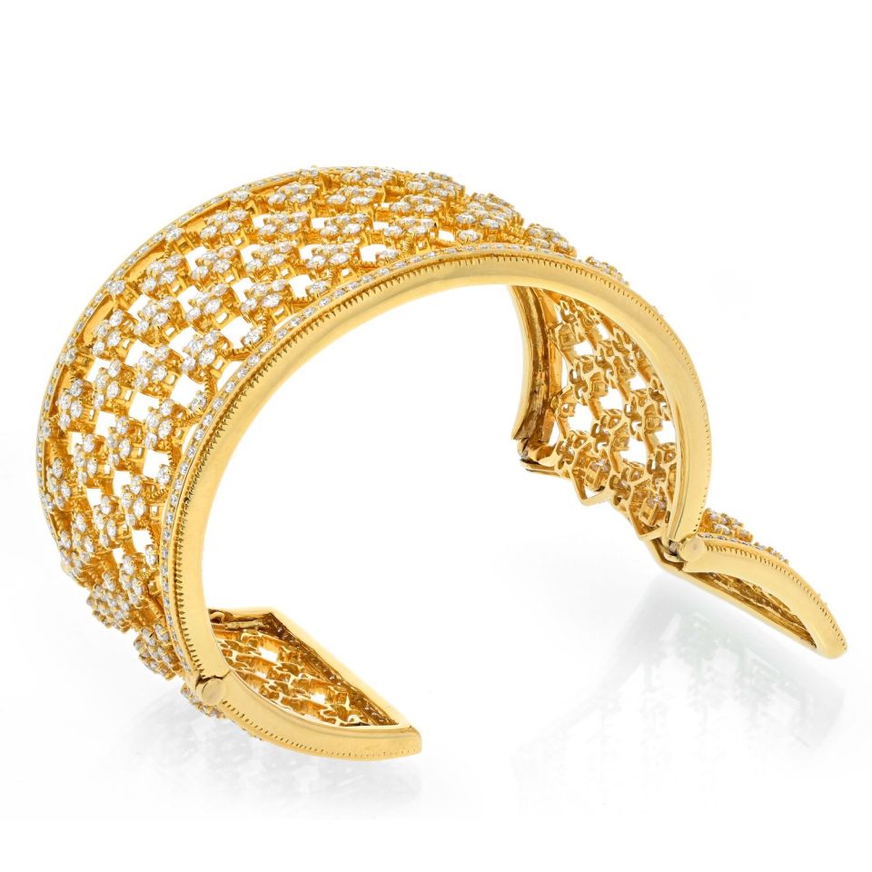 18K Yellow Gold Wide Openwork 32cts Diamond Cuff Bracelet