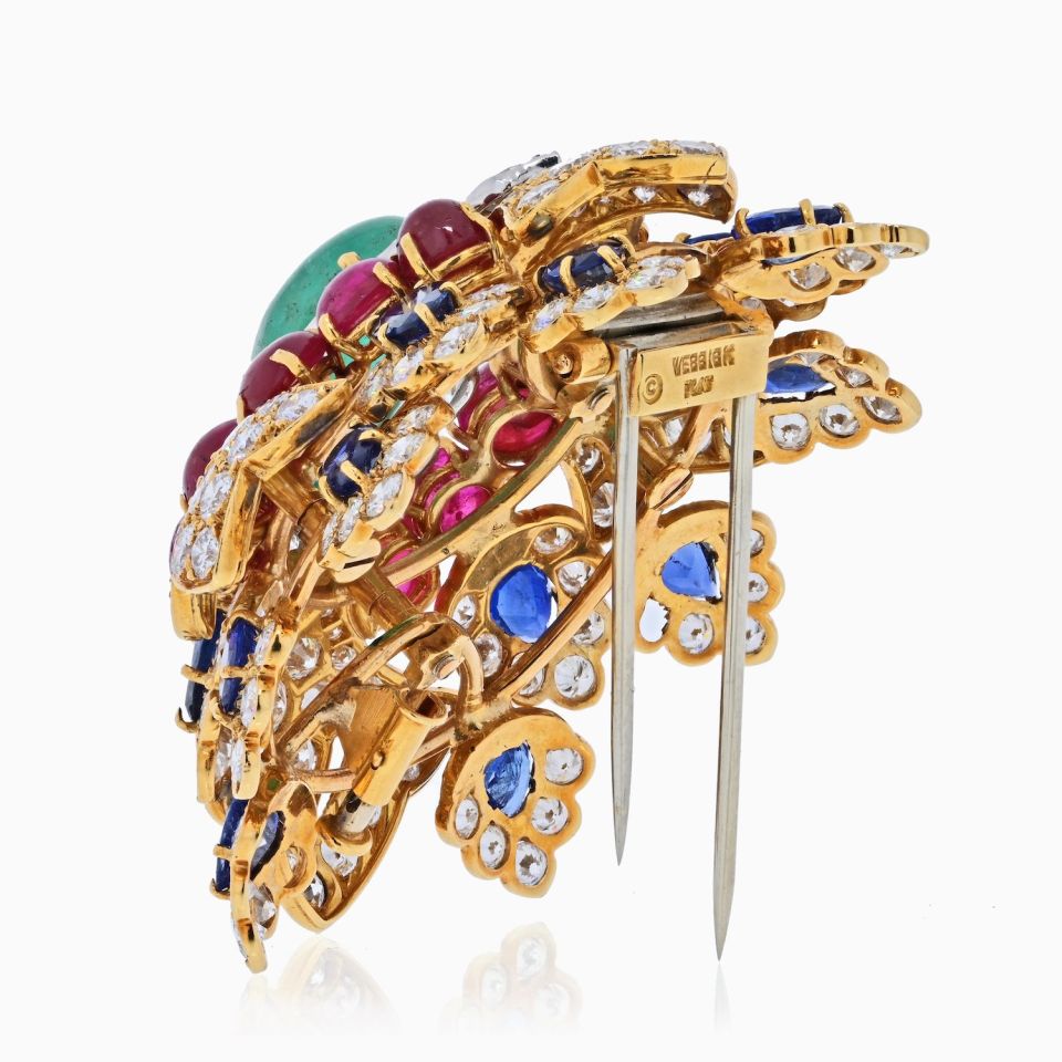 David Webb 18K Yellow Gold Heraldic Green Emerald Ruby and Diamond Brooch