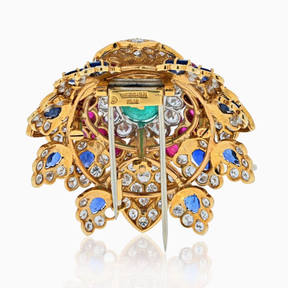 David Webb 18K Yellow Gold Heraldic Green Emerald Ruby and Diamond Brooch