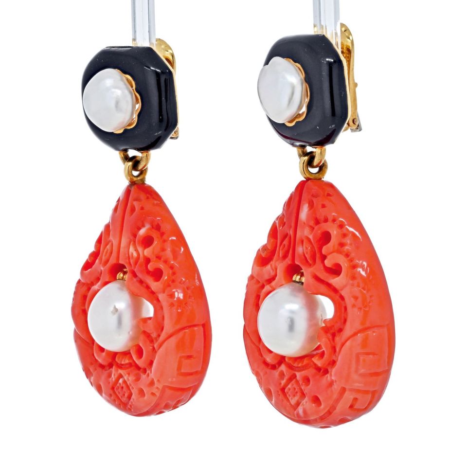 David Webb Platinum & 18K Yellow Gold Cultured Pearl, Coral and Enamel Clip Earrings