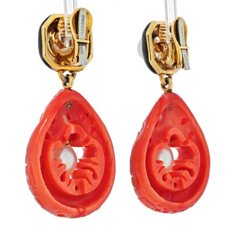 David Webb Platinum & 18K Yellow Gold Cultured Pearl, Coral and Enamel Clip Earrings