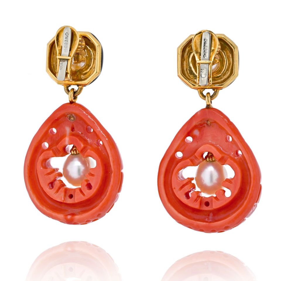 David Webb Platinum & 18K Yellow Gold Cultured Pearl, Coral and Enamel Clip Earrings