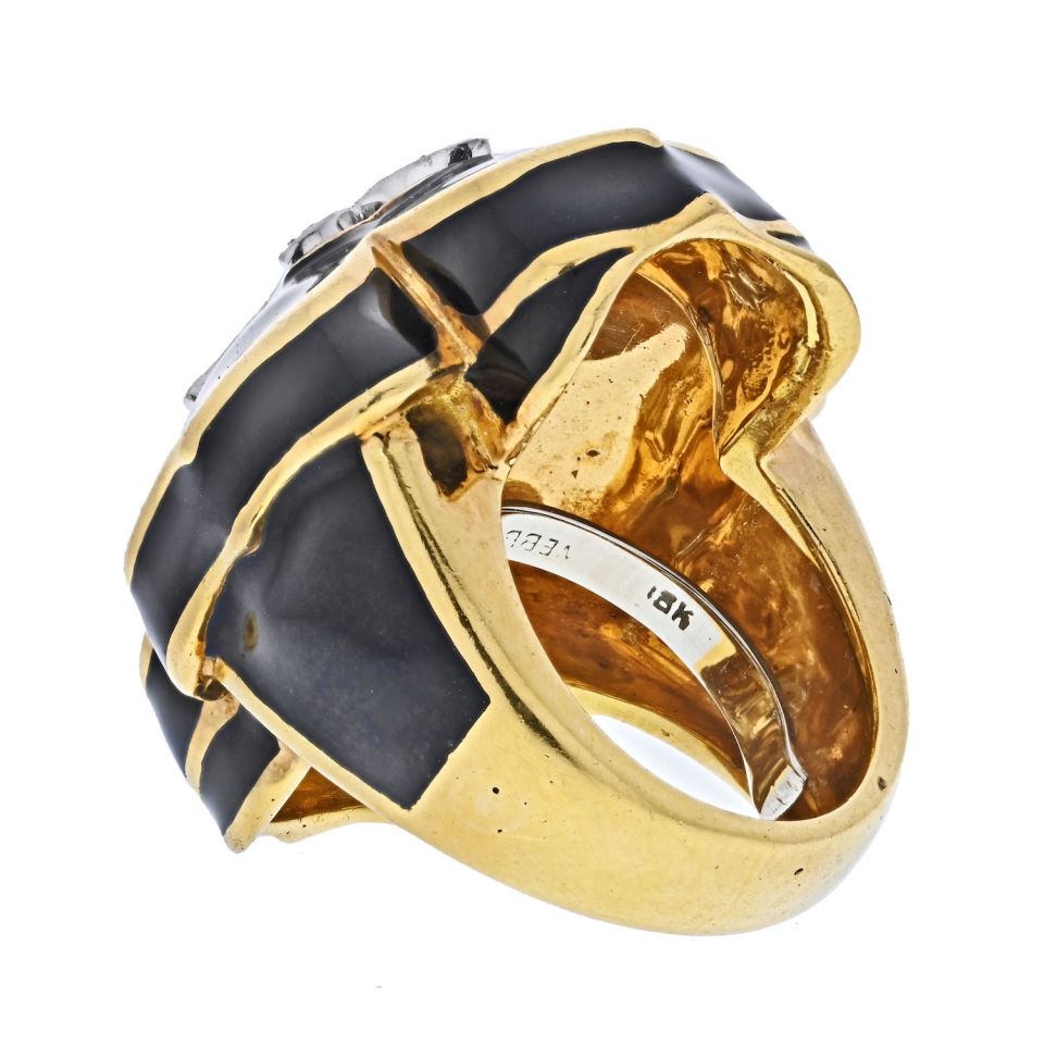 David Webb Platinum & 18K Yellow Gold Fleur De Lis Black Enamel Diamond Ring