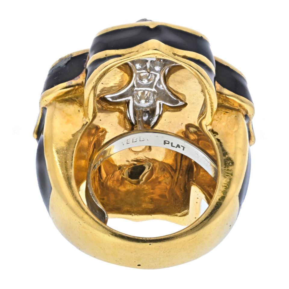 David Webb Platinum & 18K Yellow Gold Fleur De Lis Black Enamel Diamond Ring