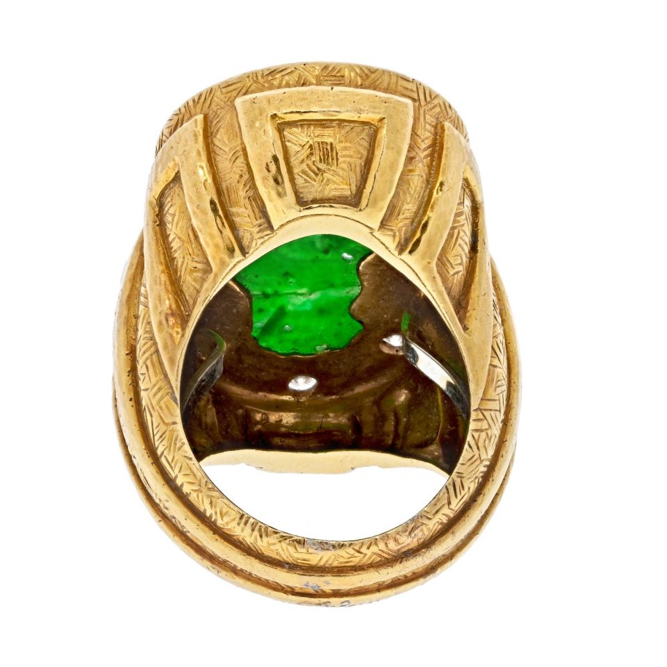 David Webb Platinum & 18K Yellow Gold 1970's Carved Jade Dragon Style Ring