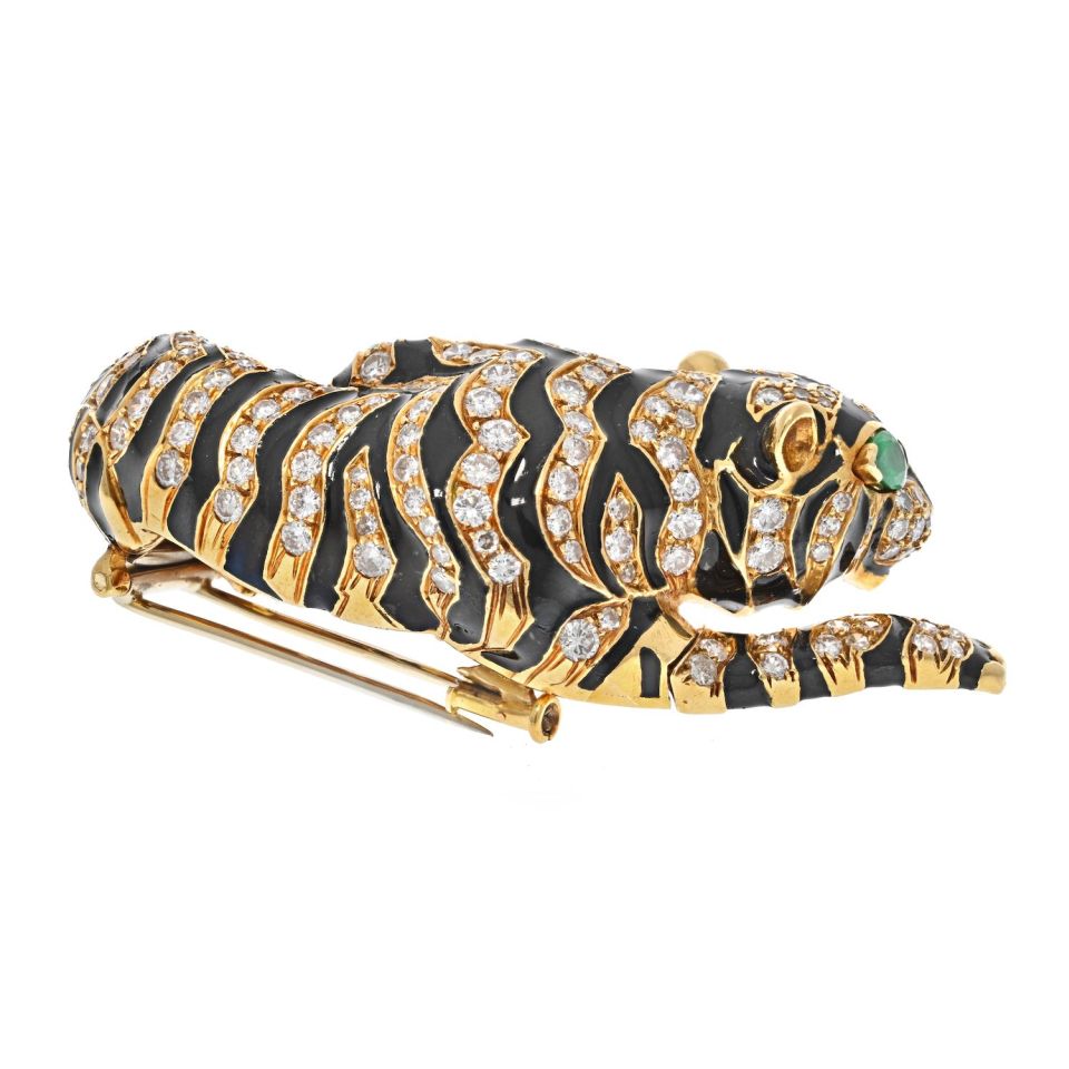 David Webb Platinum & 18K Yellow Gold Diamond Tiger And Black Enamel Brooch