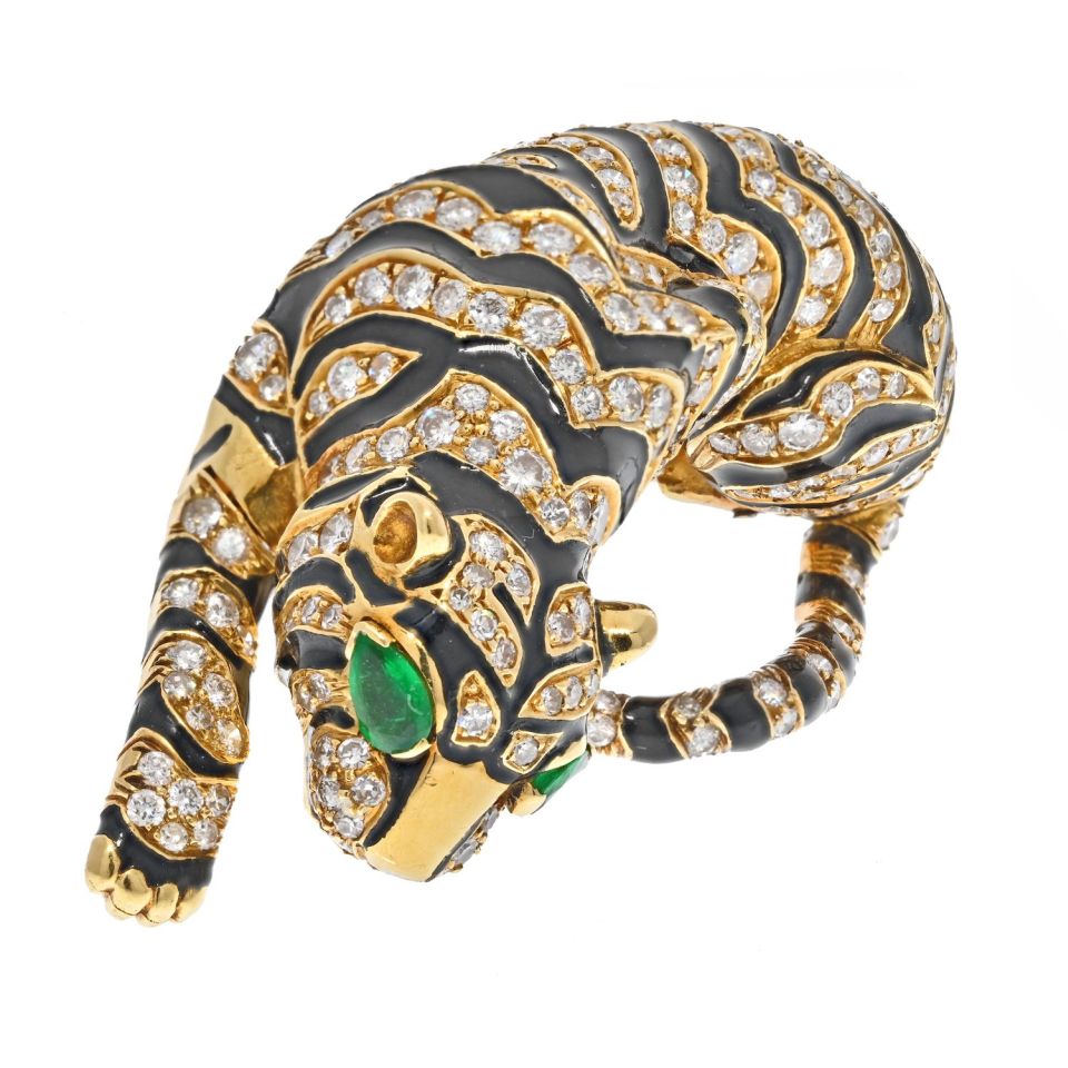 David Webb Platinum & 18K Yellow Gold Diamond Tiger And Black Enamel Brooch