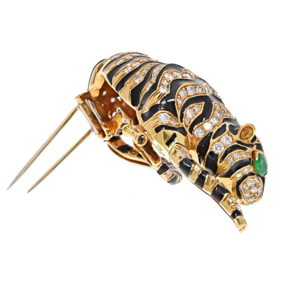 David Webb Platinum & 18K Yellow Gold Diamond Tiger And Black Enamel Brooch