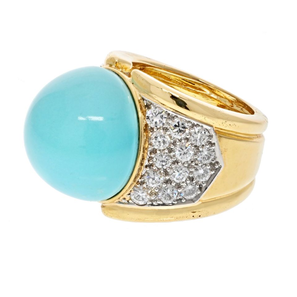 David Webb Platinum & 18K Yellow Gold Cabochon Turquoise And Diamond Ring