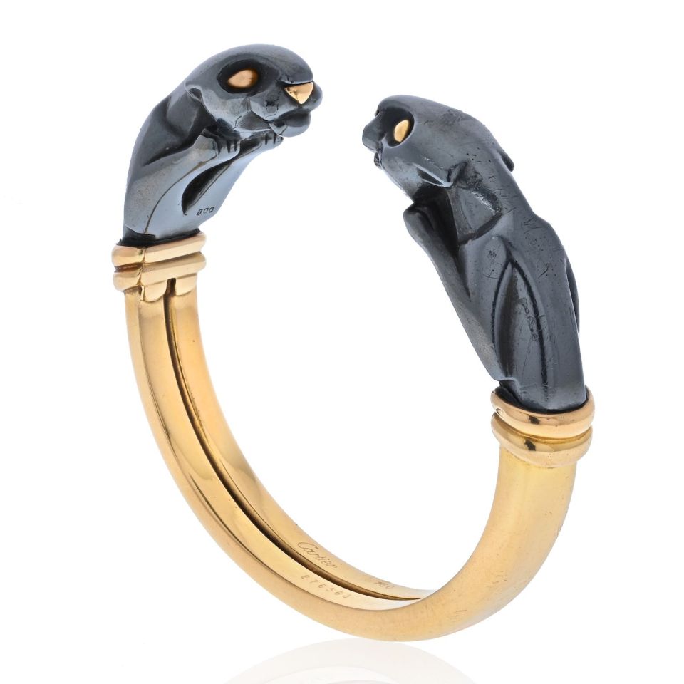 Cartier 18K Yellow Gold Hematite Double Panthere Cuff Bracelet