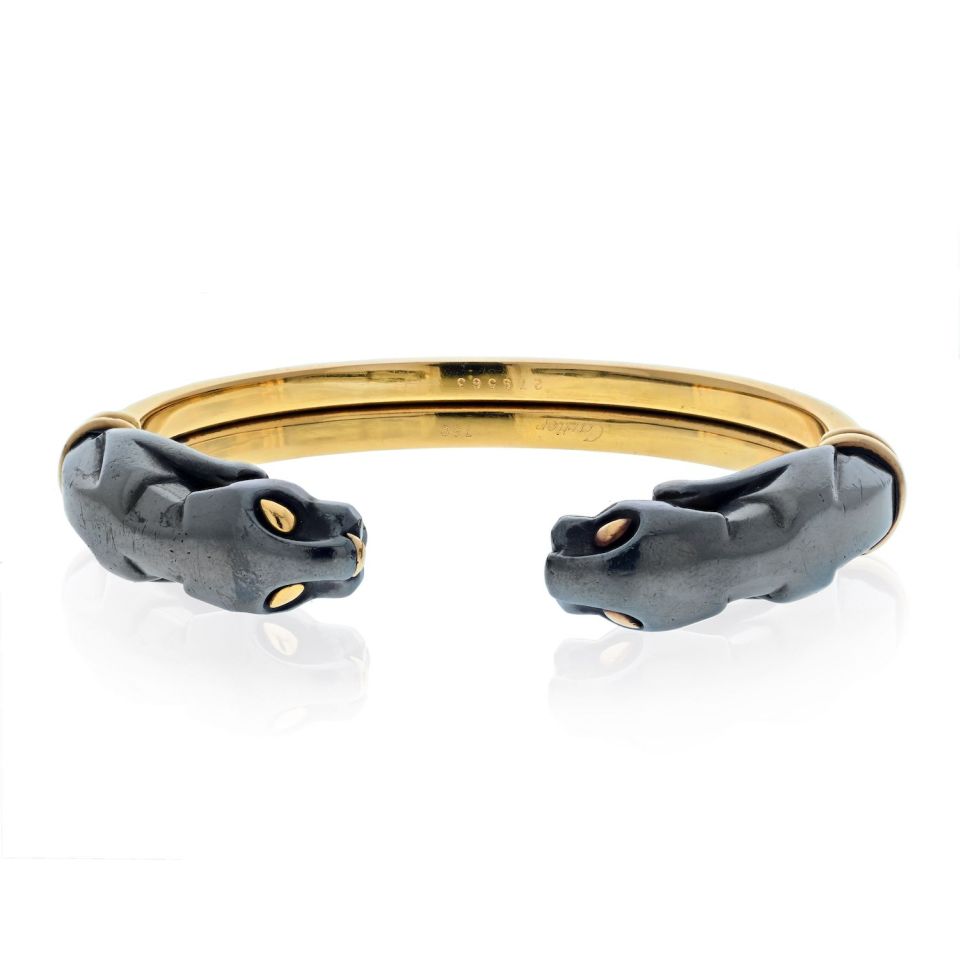 Cartier 18K Yellow Gold Hematite Double Panthere Cuff Bracelet