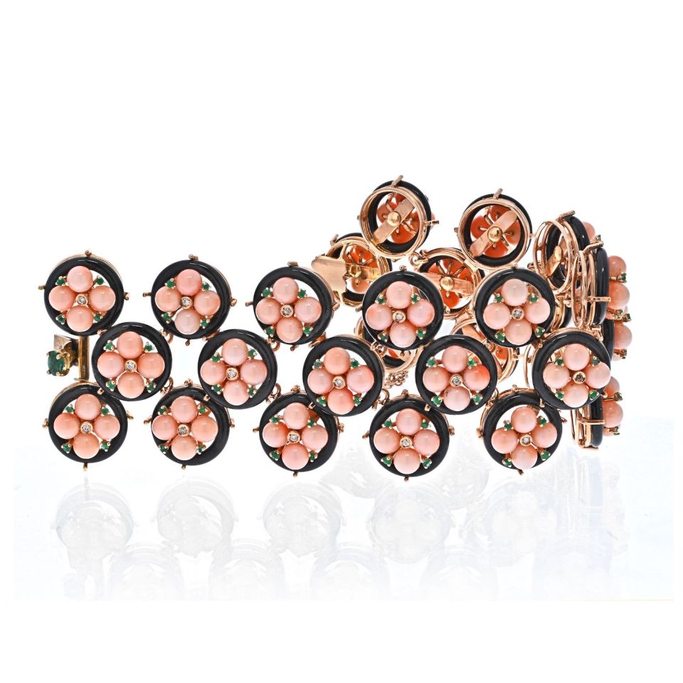 18K Yellow Gold Coral & Black Enamel Bracelet