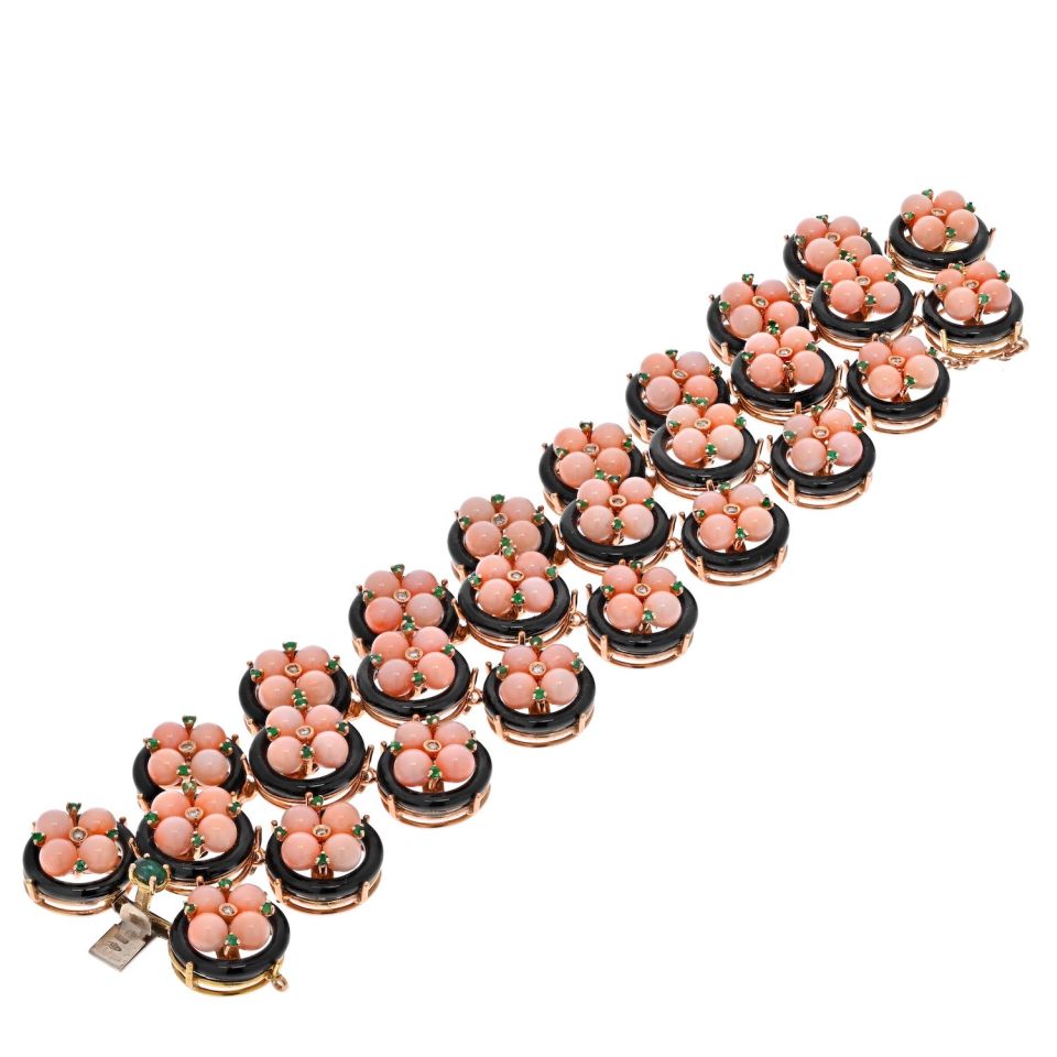 18K Yellow Gold Coral & Black Enamel Bracelet