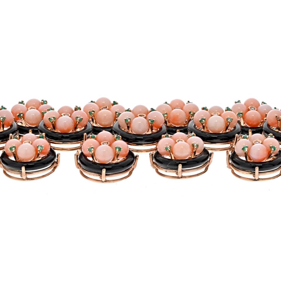 18K Yellow Gold Coral & Black Enamel Bracelet