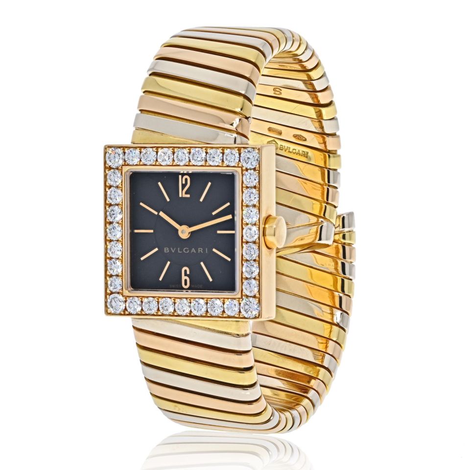 Bvlgari 18K Tri Color Square Diamond Bezel Tubogas SQ 222 T Watch