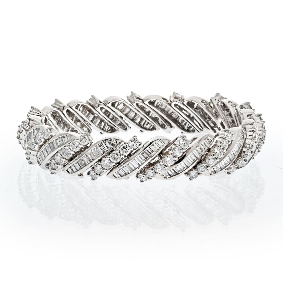 Platinum 16.50cts Midcentury Round And Baguette Bracelet