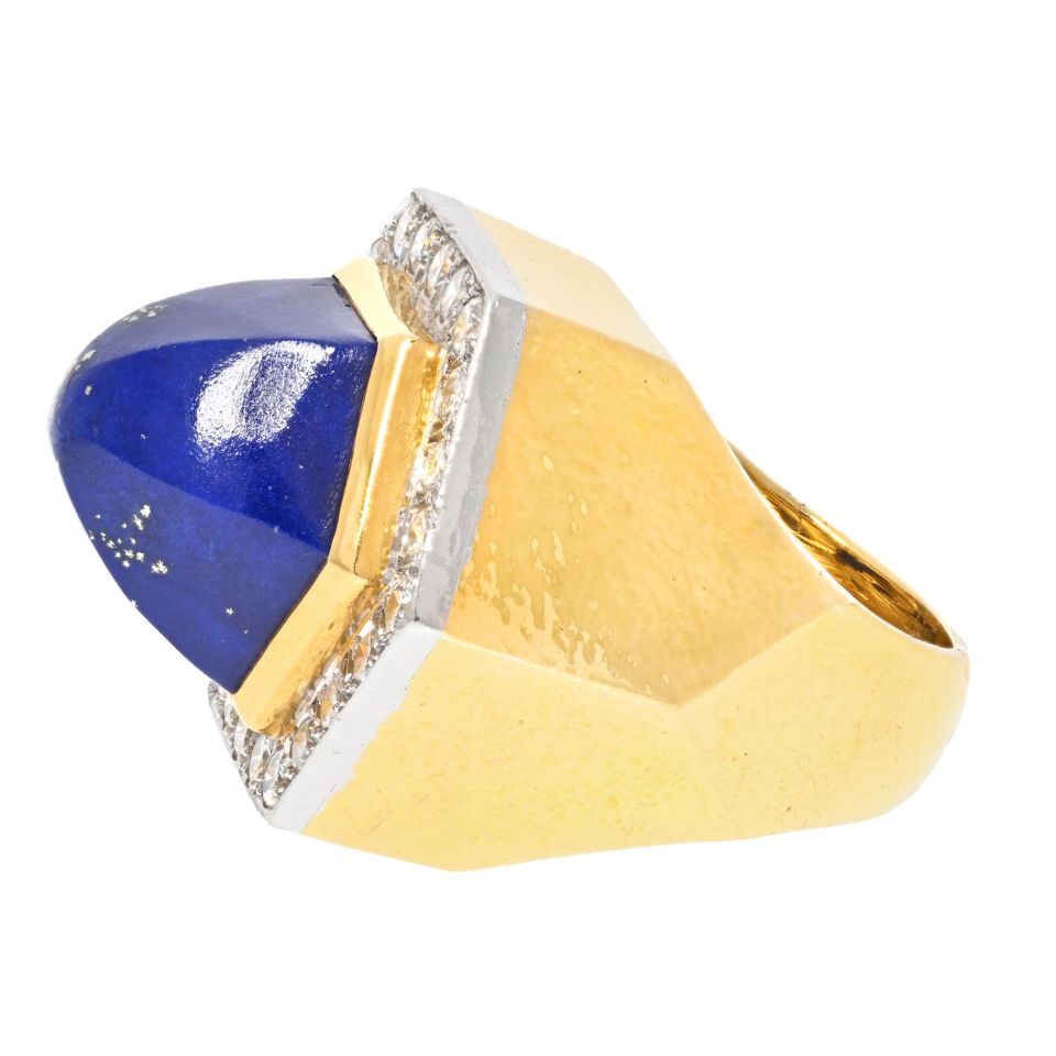 David Webb Platinum & 18K Yellow Gold Oversized Lapis And Diamond Ring