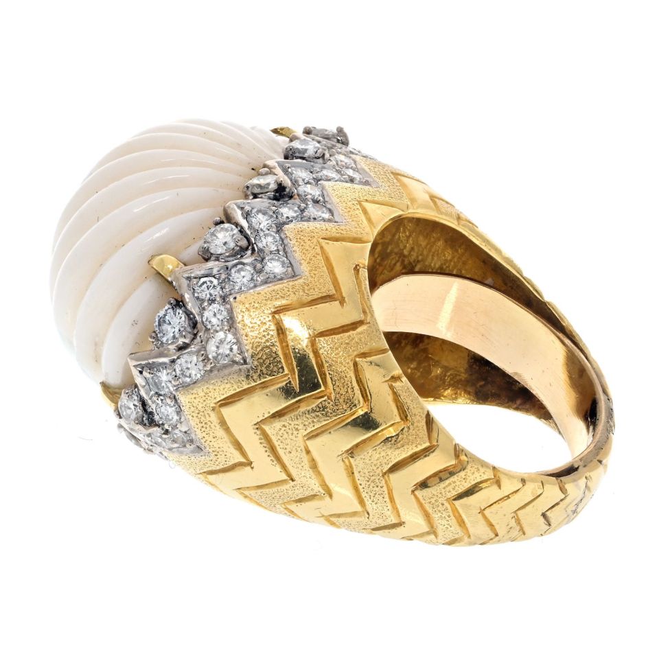 18K Yellow Gold Angel Skin Fluted Coral And Diamond Ring