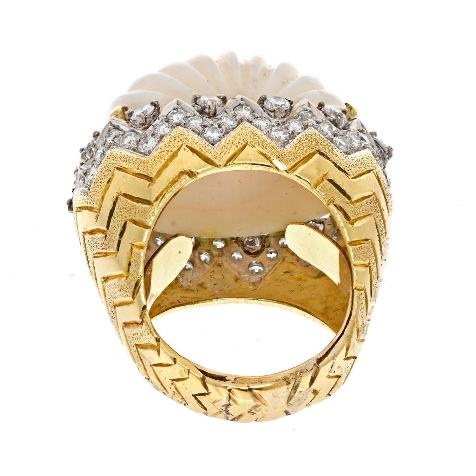18K Yellow Gold Angel Skin Fluted Coral And Diamond Ring