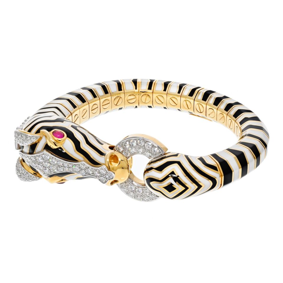 David Webb Platinum & 18K Yellow Gold Zebra With Ruby Eyes And Diamond Bracelet