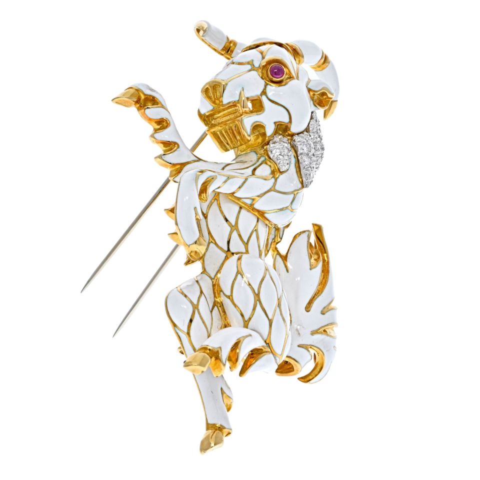 David Webb White Enamel Diamond Goat Brooch