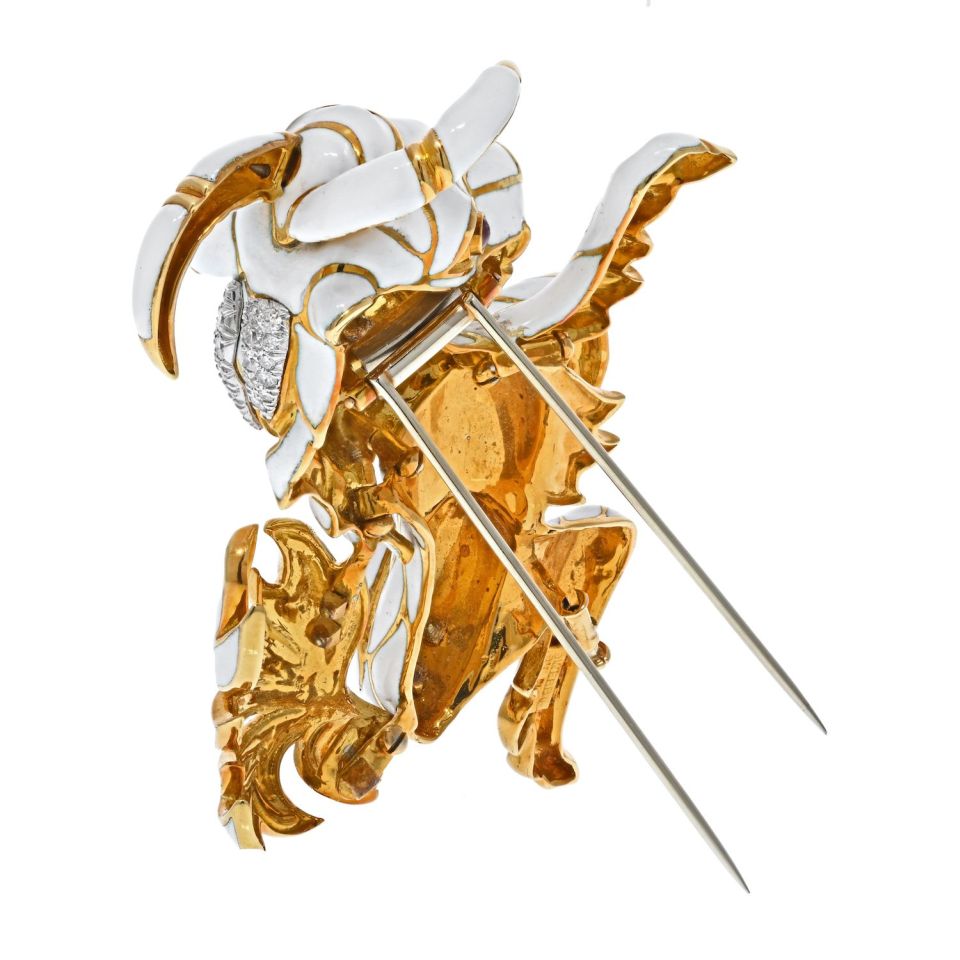 David Webb White Enamel Diamond Goat Brooch