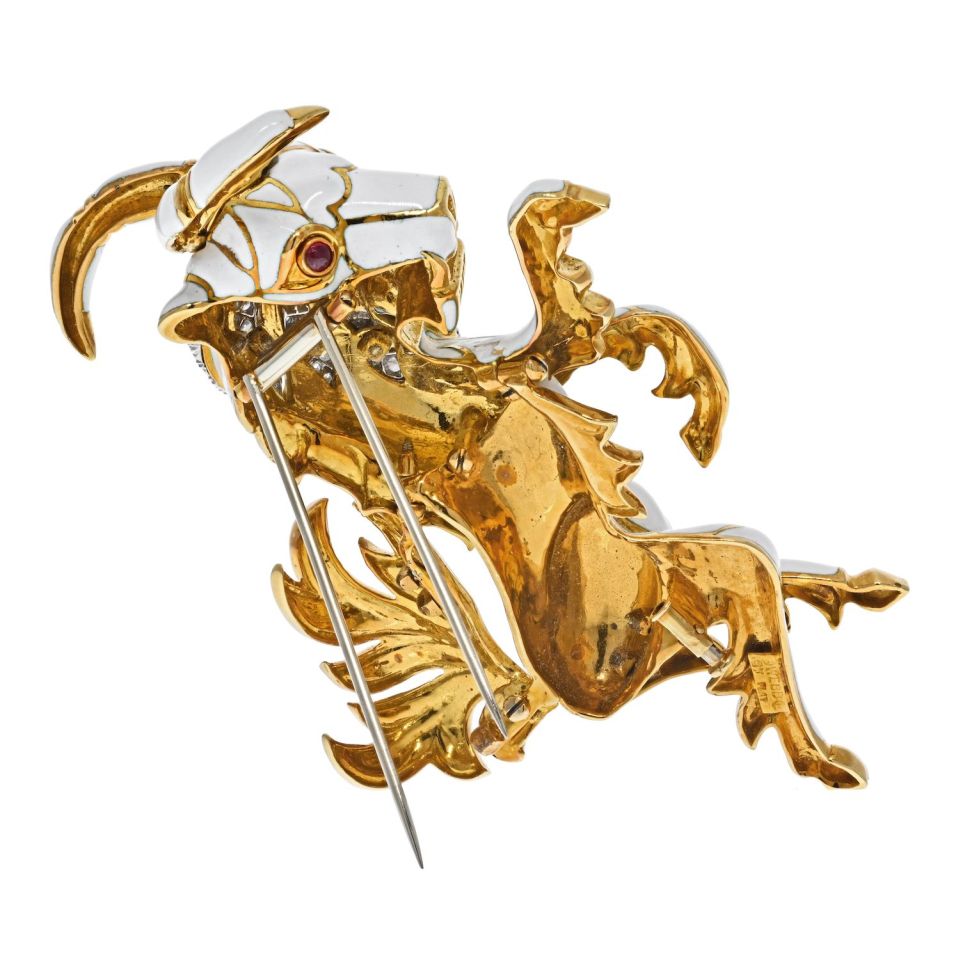 David Webb White Enamel Diamond Goat Brooch