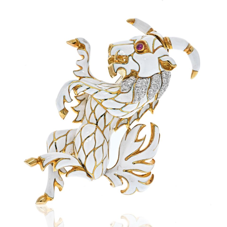David Webb White Enamel Diamond Goat Brooch