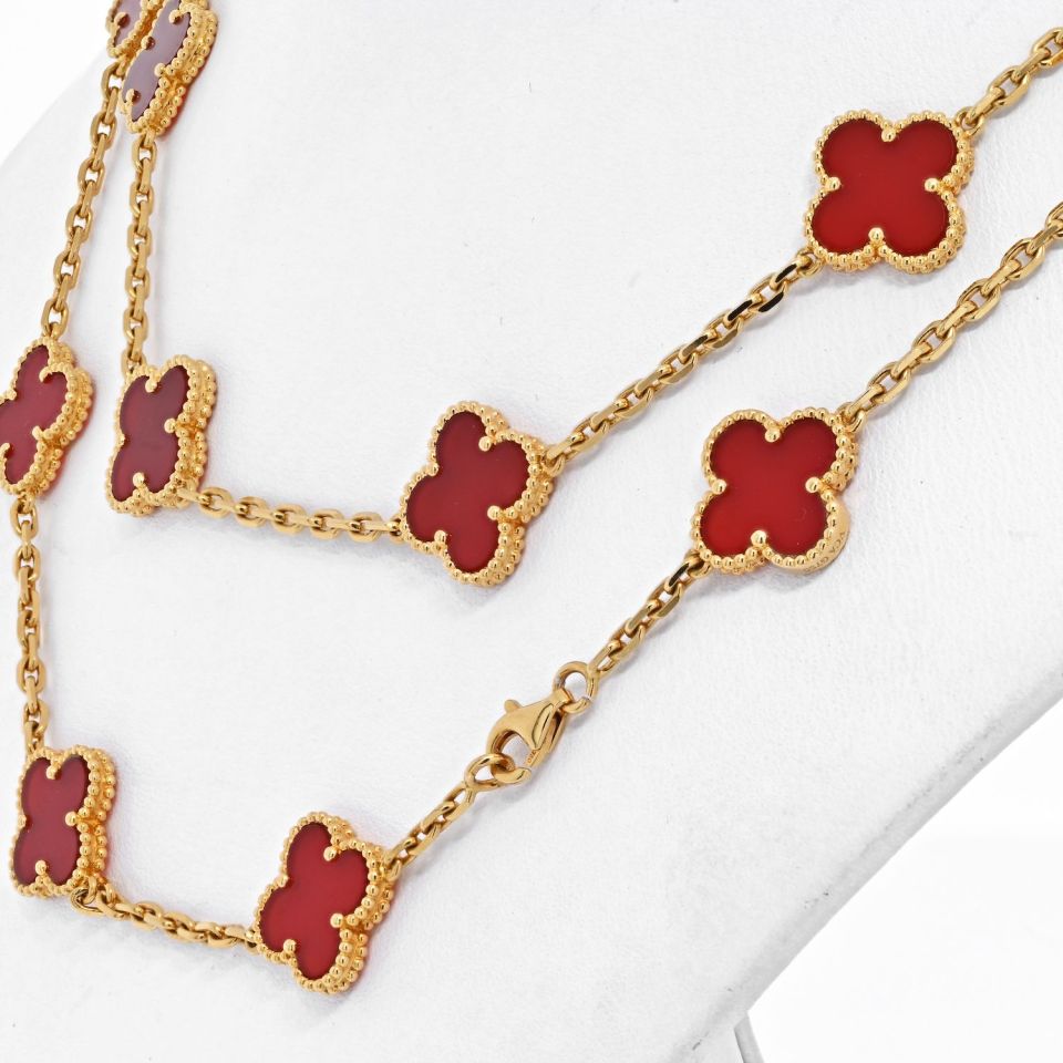 Van Cleef & Arpels Alhambra 18K Yellow Gold 20 Motif Vintage Alhambra Carnelian Necklace
